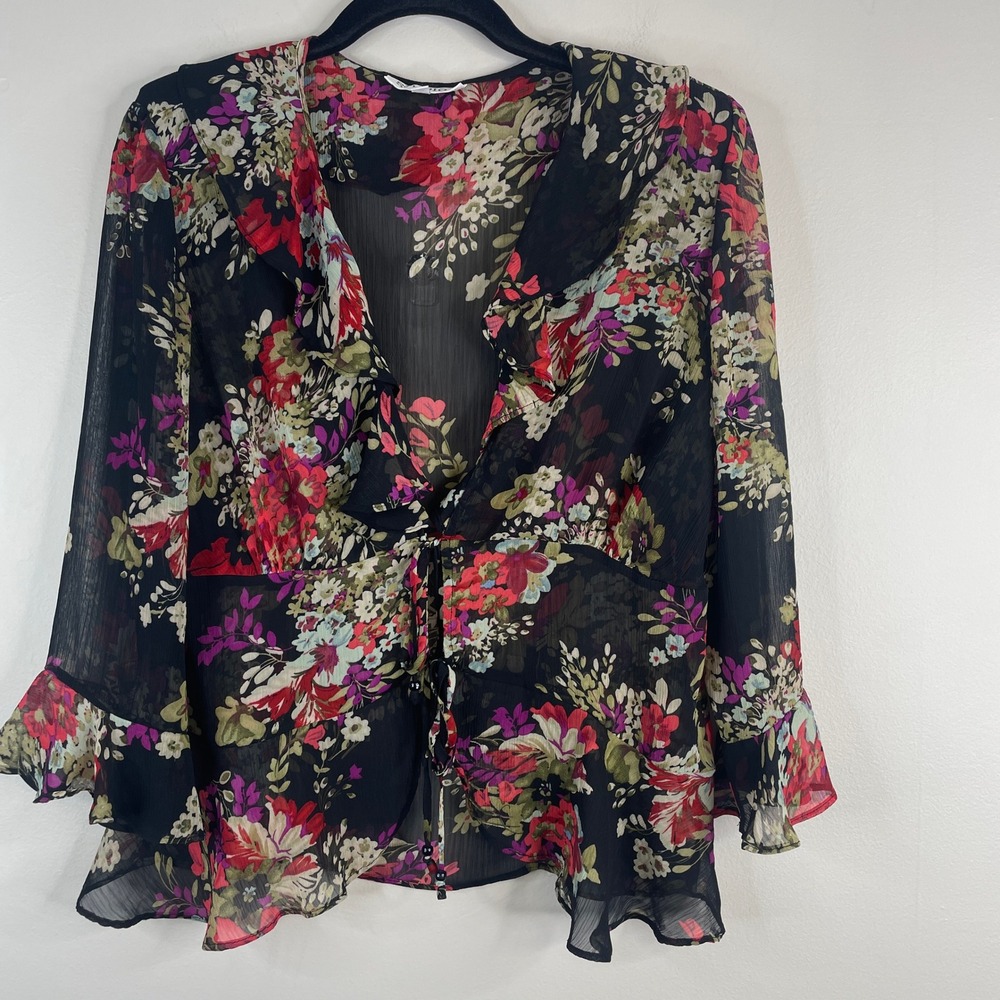 Vintage Y2K Studio I Sheer Top‎ 14 Dark Floral Feminine Bell Sleeve Tie Layering